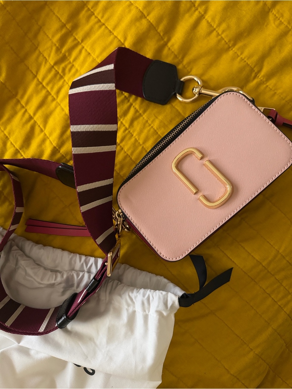 Marc Jacobs Blush Pink Camera Crossbody with Striped Bordeaux Strap